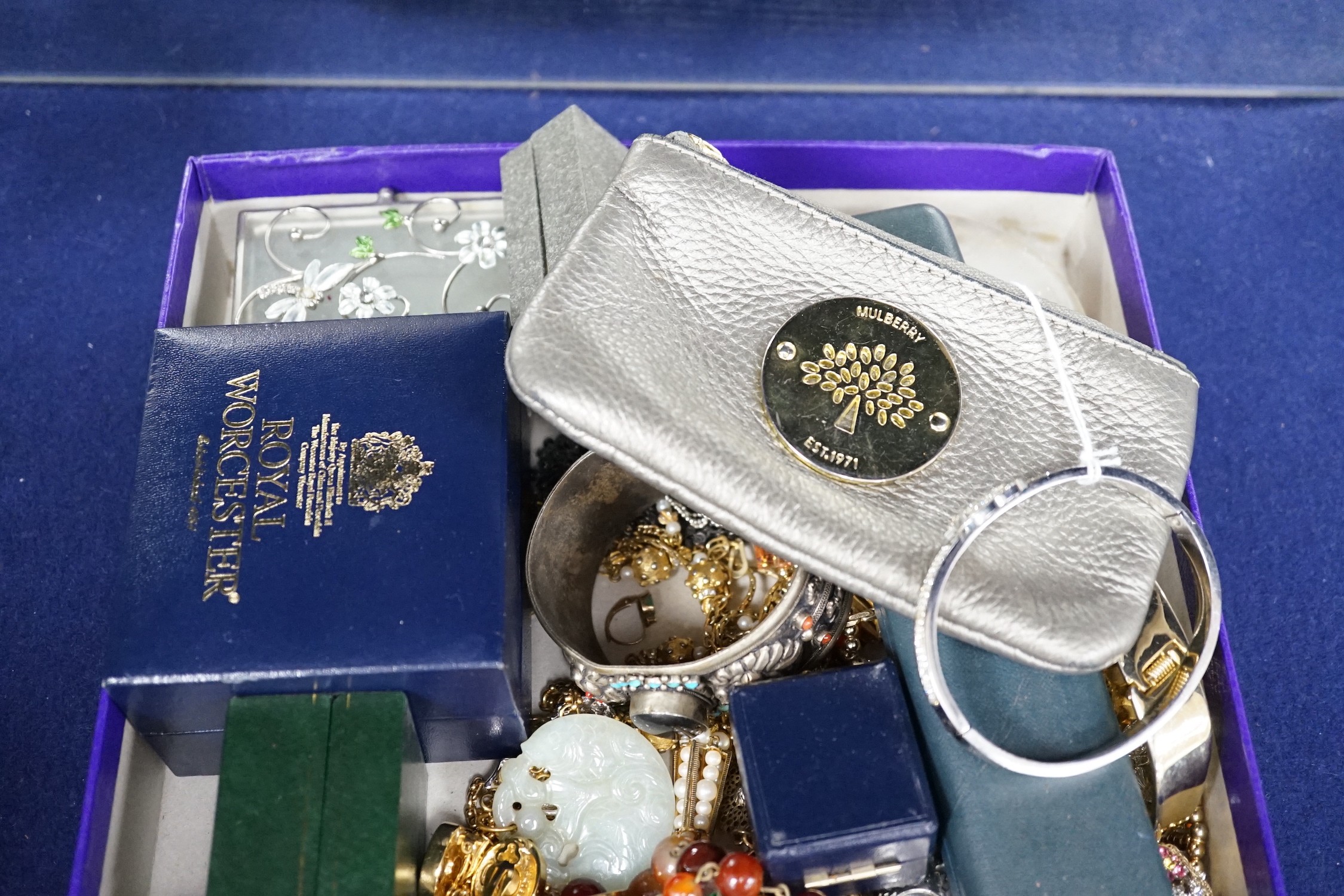 An assortment of costume and other jewellery, including white metal charm bracelet, 925 pendant on chain etc.